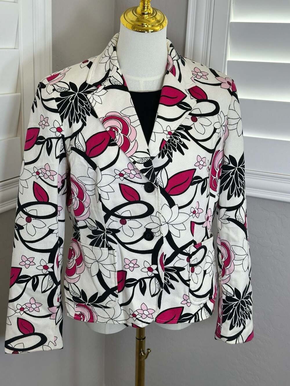 Style & Co. Petite Stretch Black, White and Pink Floral Blazer Jacket 12P